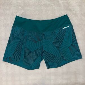 Brooks Womens Large Chaser Running Shorts Teal Green Navy Line Pattern Lined EUC